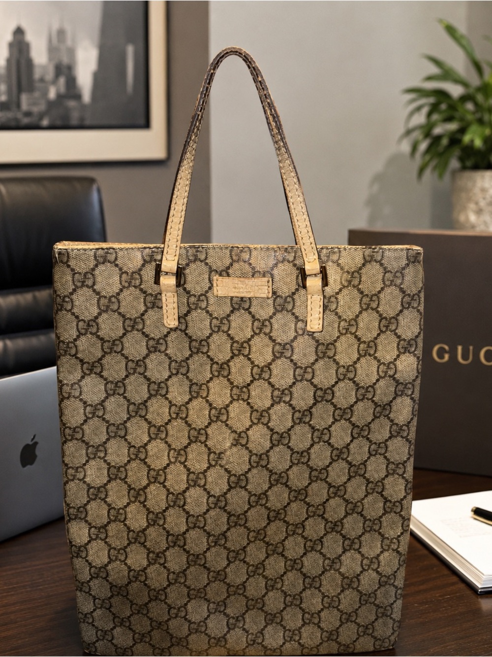 Authentic Gucci Brown GG Plus Coated Flat Tote Handbag